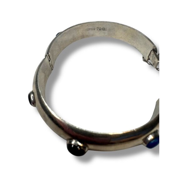 Mexican Sterling Gemstone Bangle TR-131 Hinged 925 Onyx Lapis Garnet - Picture 5 of 6